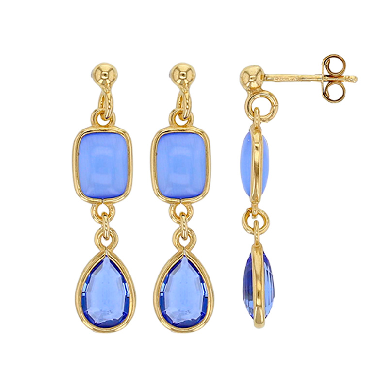 Boucles d'oreilles rectangle et goutte oeil de chat et cristal bleu argent 925/1000 doré