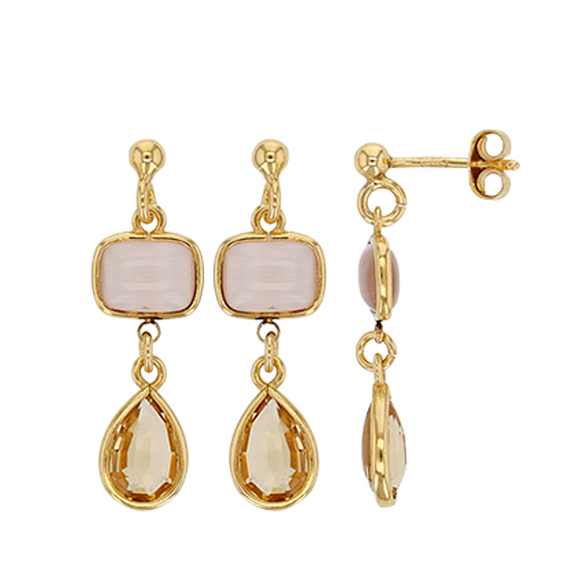 Boucles d'oreilles rectangle, goutte oeil de chat et cristal couleur champagne argent 925/1000 doré