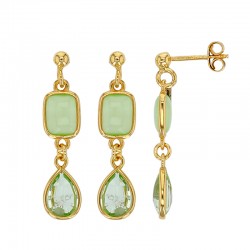 Boucles d'oreilles rectangle oeil de chat vert et goutte en cristal vert, argent 925/1000 doré