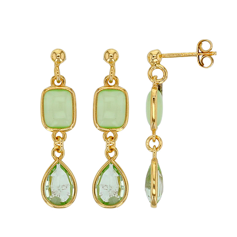 Boucles d'oreilles rectangle oeil de chat vert et goutte en cristal vert, argent 925/1000 doré
