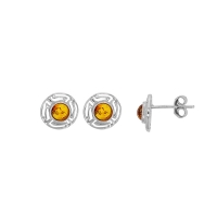 Boucles d'oreilles rond ajourée, ambre cognac argent 925/1000 rhodié
