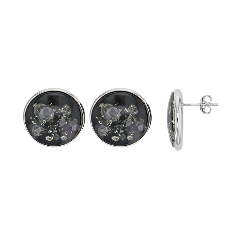 Boucles d'oreilles rond ambre verte, argent 925/1000