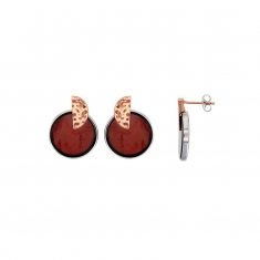 Boucles d'oreilles rondes Ambre cerise et demi-cercle doré-rose, armature argent 925/1000 rhodié