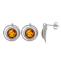Boucles d'oreilles rondes, Ambre cognac en argent 925/1000 rhodié