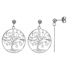 Boucles d'oreilles rondes arbre de vie ajouré argent 925/1000 platiné