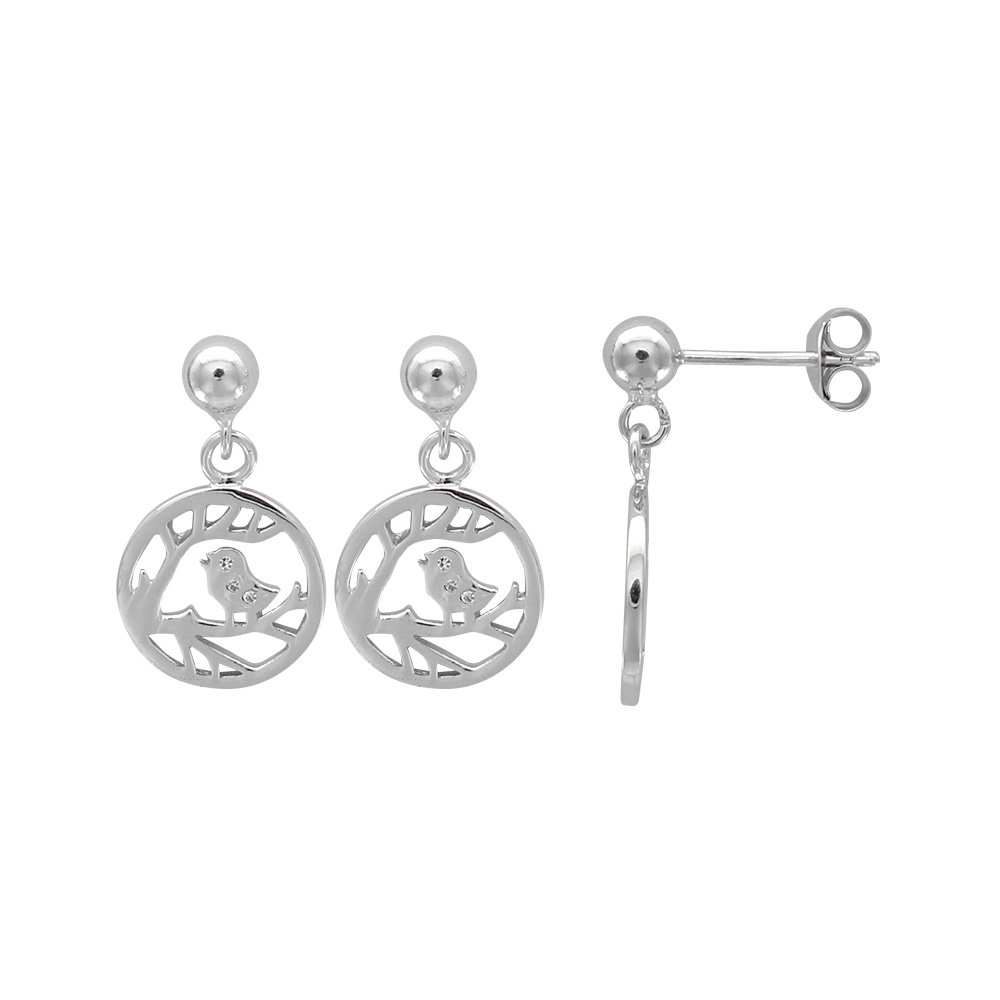 Boucles d'oreilles rondes arbre de vie ajouré en argent 925/1000 rhodié et oxydes de zirconium