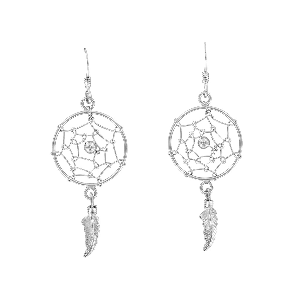 Boucles d'oreilles rondes avec plume en argent 925/1000 rhodié
