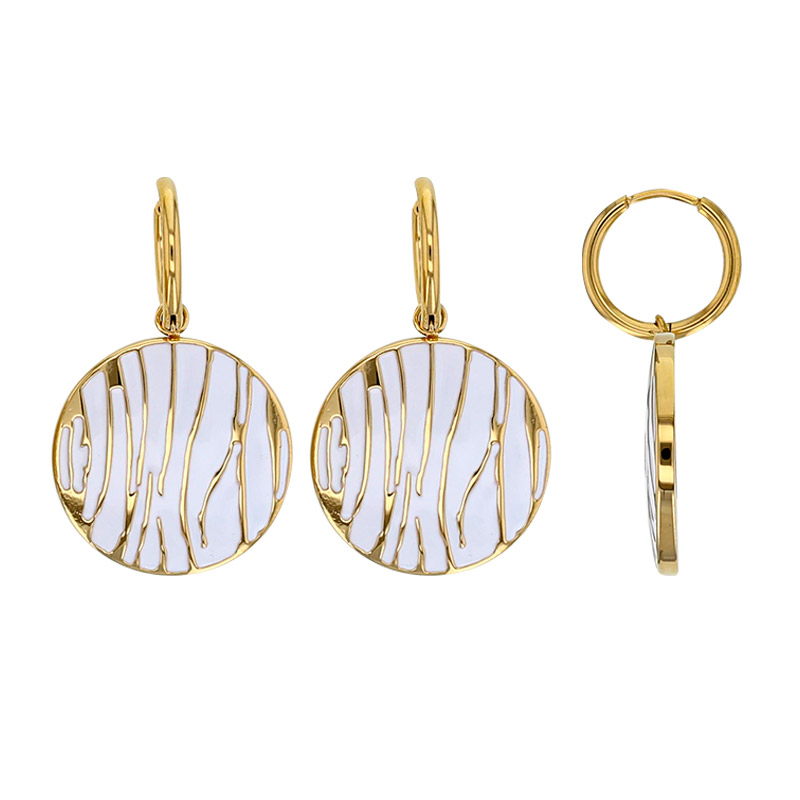 Boucles d'oreilles rondes émail noir strié en acier doré