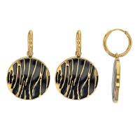 Boucles d'oreilles rondes émail noir strié en acier doré