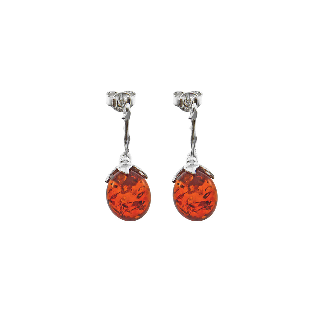 Boucles d'oreilles rondes en Ambre et armature fleur en argent 925/1000 rhodié