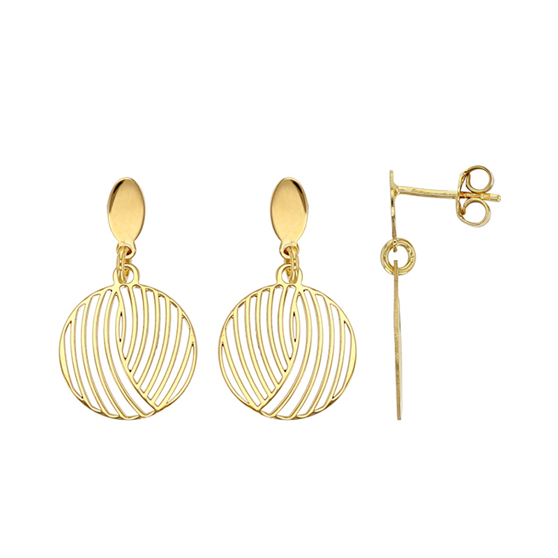 Boucles d'oreilles rondes motif strié et ajouré, argent 925/1000 doré