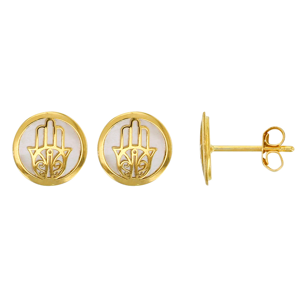 Boucles d'oreilles rondes Or 750/1000 et nacre - main de fatma