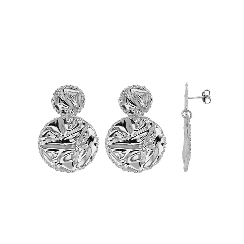 Boucles d'oreilles 2 ronds aspect froissé en argent 925/1000 rhodié