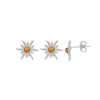 Boucles d'oreilles soleil ambre cognac en argent 925/1000 rhodié