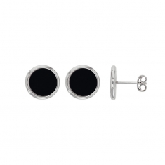 Boucles d'oreilles style puces rondes en argent 925/1000 rhodié et onyx - MADRE PERLA
