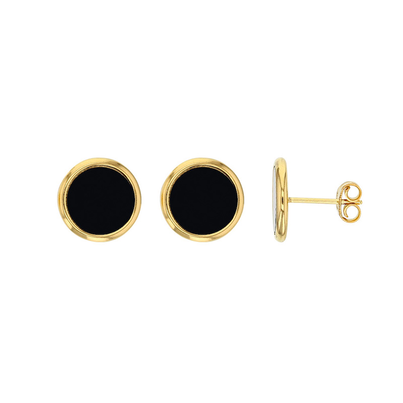 Boucles d'oreilles style puces rondes en argent 925/1000 doré et onyx