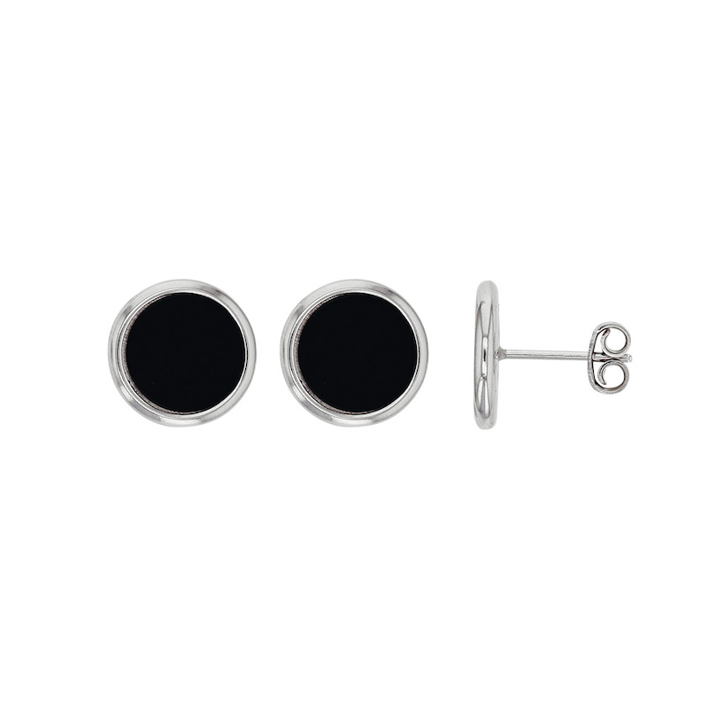 Boucles d'oreilles style puces rondes en argent 925/1000 rhodié et onyx - MADRE PERLA