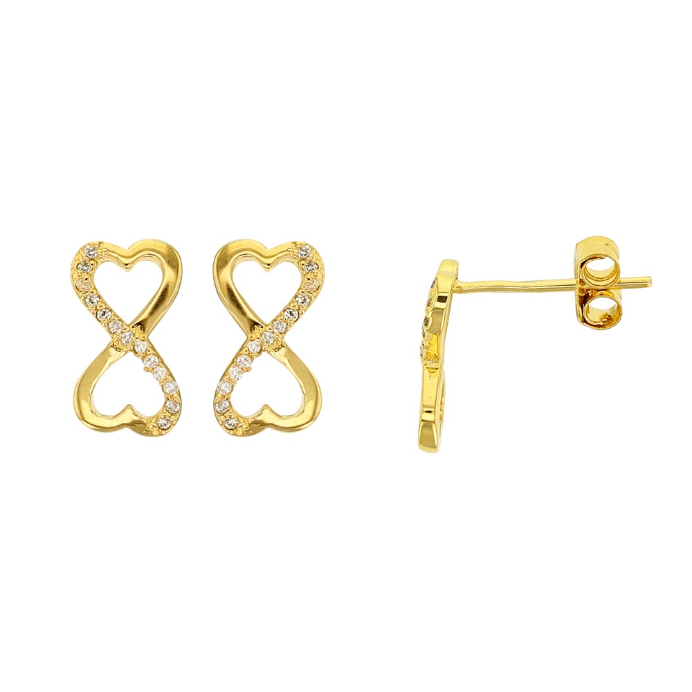 Boucles d'oreilles symbole infini formé par 2 coeurs avec oxydes de zirconium en Plaqué Or