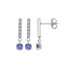 Boucles d'oreilles Tanzanite ronde 4mm, bélière sertie de 10 diamants HSI 0,06ct, Or blanc 750/1000