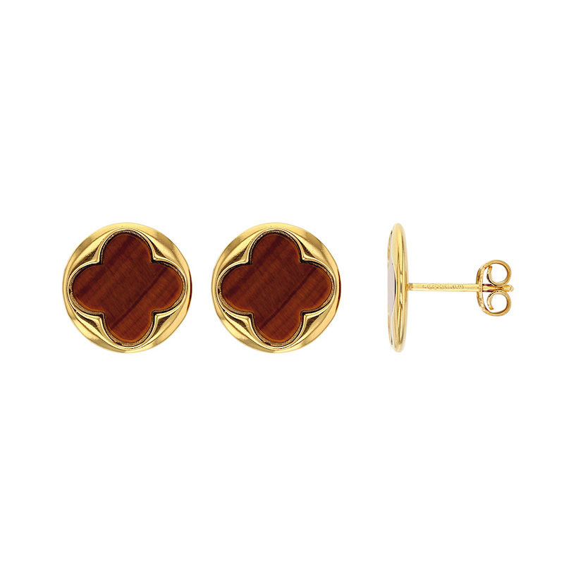 Boucles d'oreilles TERRE D'ORIENT puces argent 925/1000 doré avec trèfle quadrilobé en Oeil de tigre