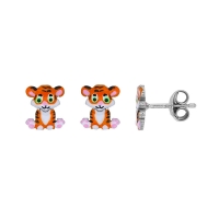 Boucles d'oreilles tigre en émail orange, argent 925/1000 rhodié