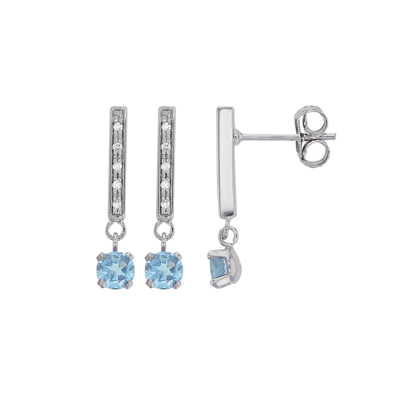 Boucles d'oreilles Topaze ronde 4mm, bélière sertie de 10 diamants HSI 0,06ct, Or blanc 750/1000