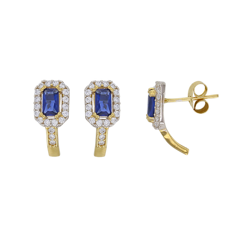 Boucles d'oreillles oxyde bleu saphir serti clos rectangulaire, entouré d’oxydes blancs, Or 375/1000