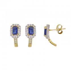 Boucles d'oreillles oxyde bleu saphir serti clos rectangulaire, entouré d’oxydes blancs, Or 375/1000