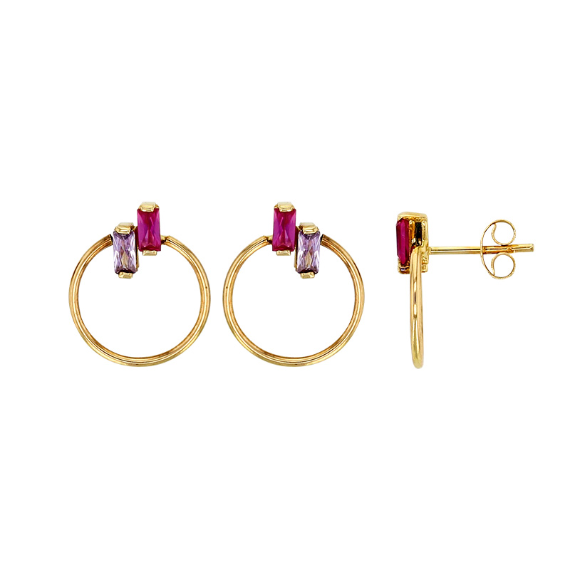 Boucles d’oreilles cercles avec deux rectangles d’oxydes fuchsia et parme, Or 750/1000