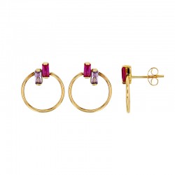 Boucles d’oreilles cercles avec deux rectangles d’oxydes fuchsia et parme, Or 750/1000