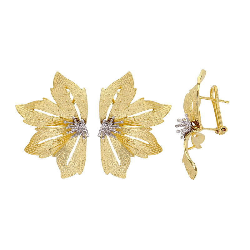 Boucles d’oreilles en forme de fleur argent 925/1000 rhodié, ornées d’un pistil argent 925/1000 doré