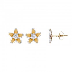Boucles d’oreilles fleur bicolore avec oxyde, Or 375/1000