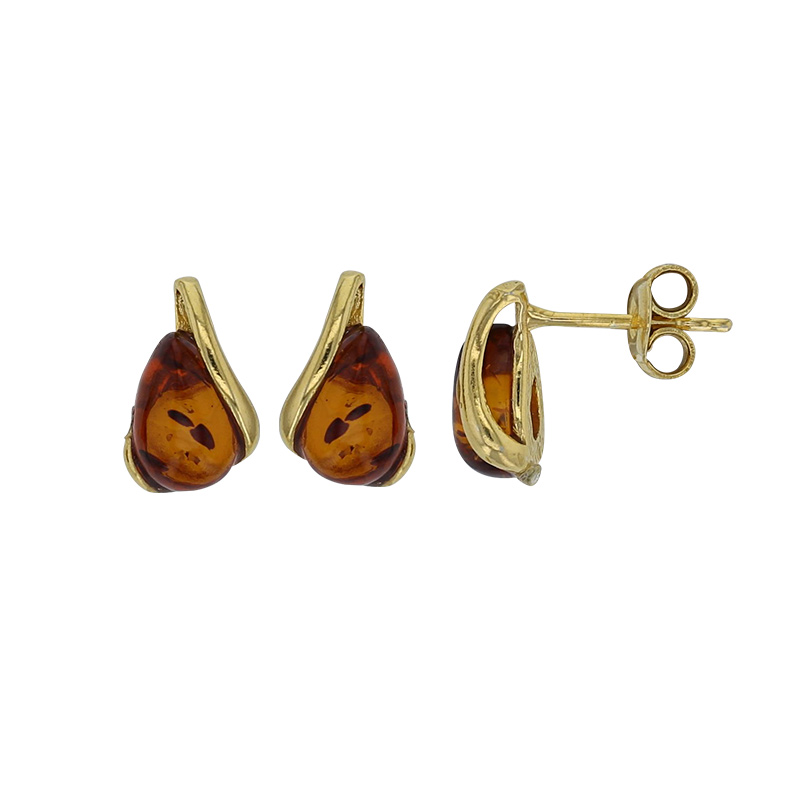 Boucles d’oreilles puces Ambre cognac en argent 925/1000 doré