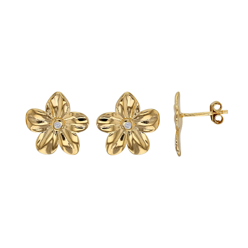 Boucles d’oreilles puces fleur avec oxyde au centre, plaqué or