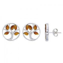 Boucles d’oreilles puces rondes avec arbre de vie en ambre cognac, argent 925/1000 rhodié