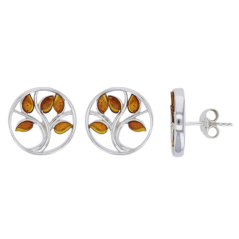 Boucles d’oreilles puces rondes avec arbre de vie en ambre cognac, argent 925/1000 rhodié