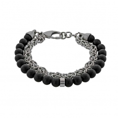 Bracelet 1 rang Acier avec chaîne fantaisie et 1 rang avec boules en onyx