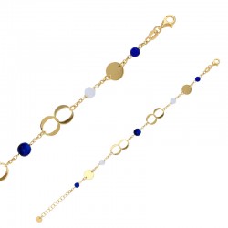 Bracelet 2 perles en agate blanche, 3 perles en jade teinté bleu, ronds argent 925/1000 doré