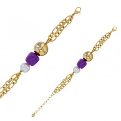 Bracelet 2 rangs, 1 boule acier doré, 1 boule résine nacrée et 1 cube résine violette