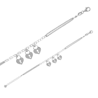 Bracelet 2 rangs 3 coeurs cadenas pampilles, argent 925/1000 platiné