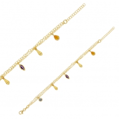 Bracelet 2 rangs avec pampilles en forme de gouttes de cristal, en argent 925/1000 doré