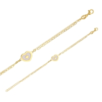 Bracelet 2 rangs coeur en émail blanc, argent 925/1000 doré