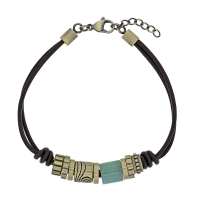 Bracelet 2 rangs cuir de bovin et acier marron orné d'une rhyolite