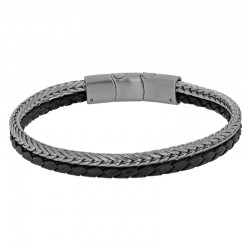 Bracelet 2 rangs cuir de bovin noir et acier