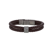 Bracelet 2 rangs cuir de bovin noir, perle motif 