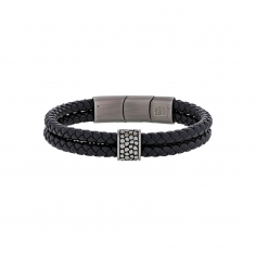 Bracelet 2 rangs cuir de bovin noir, perle motif 