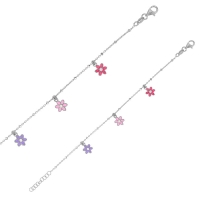 Bracelet 3 fleurs pampilles émail fuchsia, rose et violet et verre argent 925/1000 rhodié