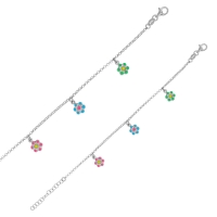 Bracelet 3 fleurs pampilles émail vert, bleu et rose argent 925/1000 rhodié