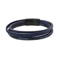 Bracelet 3 rangs cuir de bovin lisse, tressé, tissu synthétique noir/bleu, fermoir acier