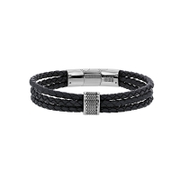 Bracelet 3 rangs cuir de bovin noir, perle à motif et fermoir aimanté acier brillant